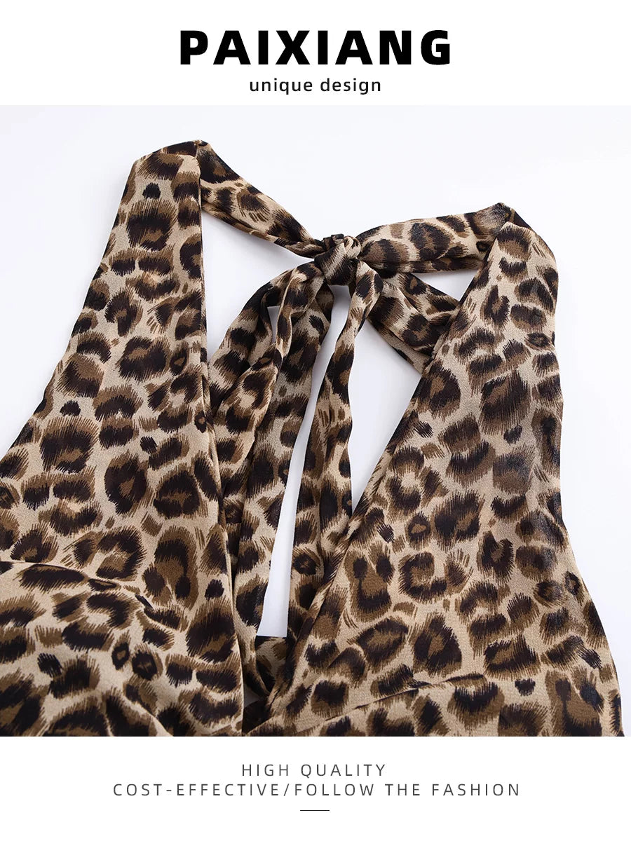 PAIXIANG American Hot Girl Leopard Print Halter-Neck Camisole for Women, Summer Slimming Stylish Top with Padded Breasts