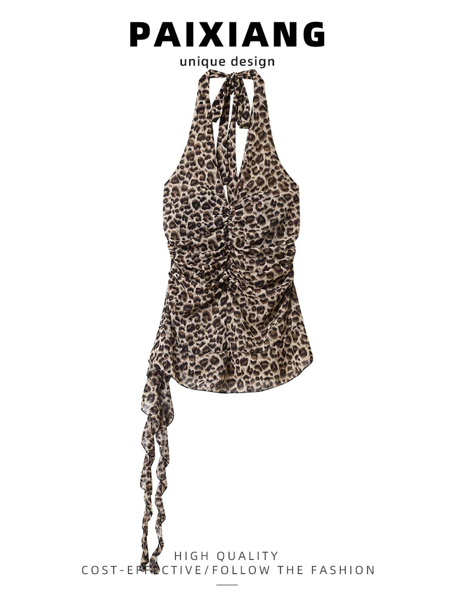 PAIXIANG American Hot Girl Leopard Print Halter-Neck Camisole for Women, Summer Slimming Stylish Top with Padded Breasts