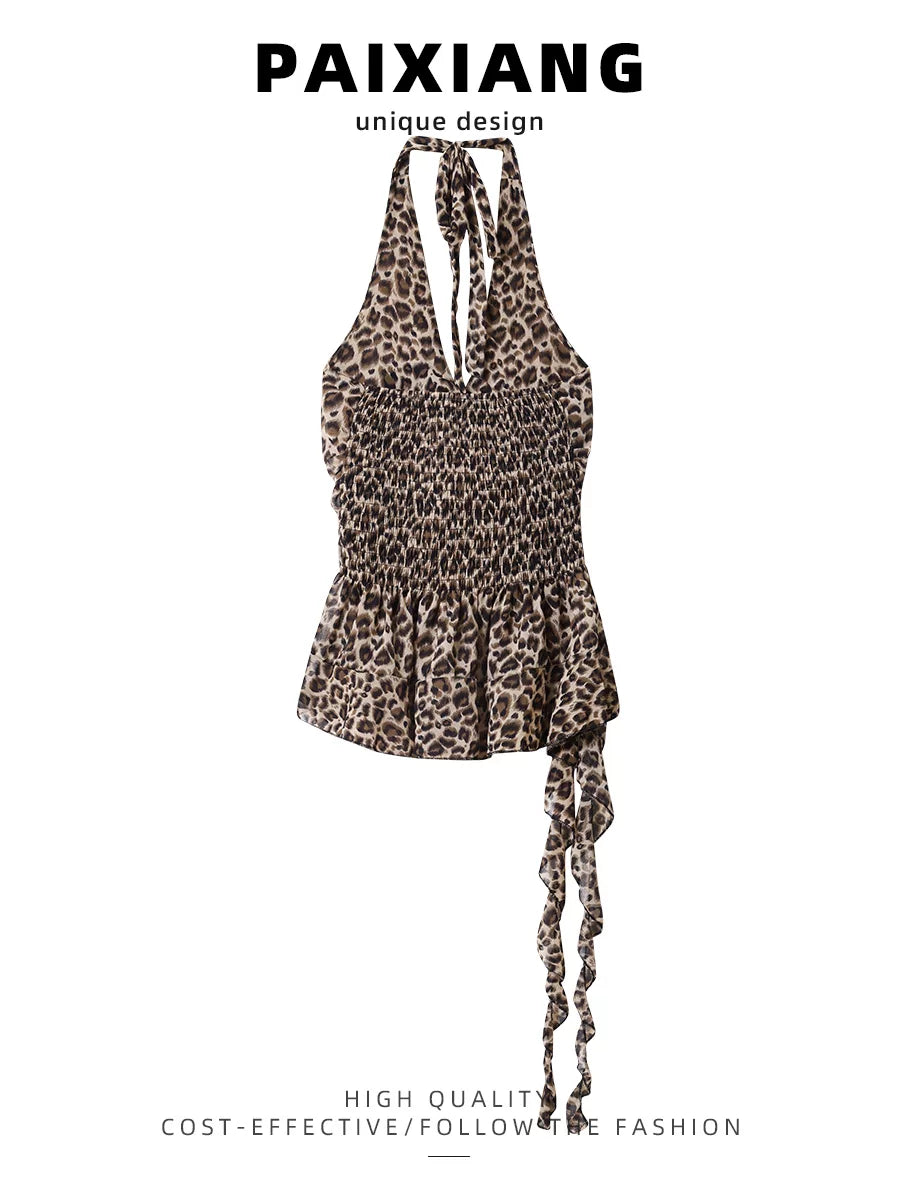 PAIXIANG American Hot Girl Leopard Print Halter-Neck Camisole for Women, Summer Slimming Stylish Top with Padded Breasts