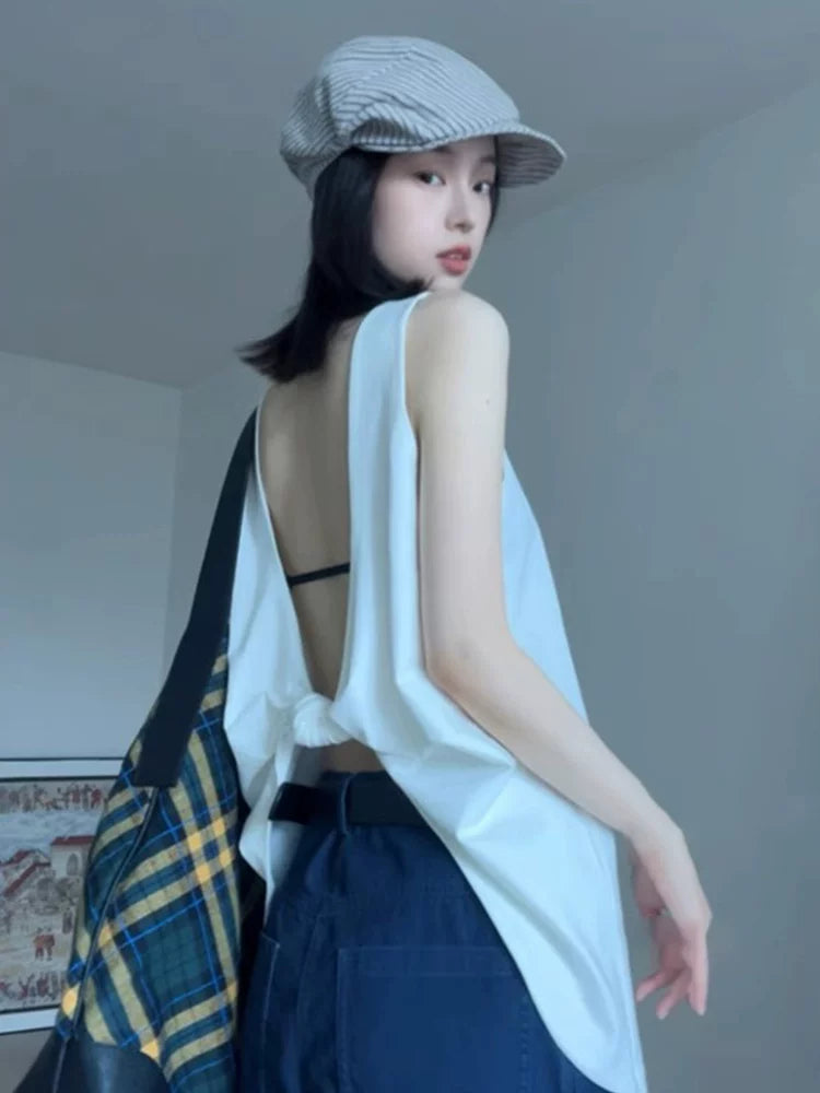 Babes white V-neck back kinked vest female summer lazy wind loose wear loose backless sleeveless top
